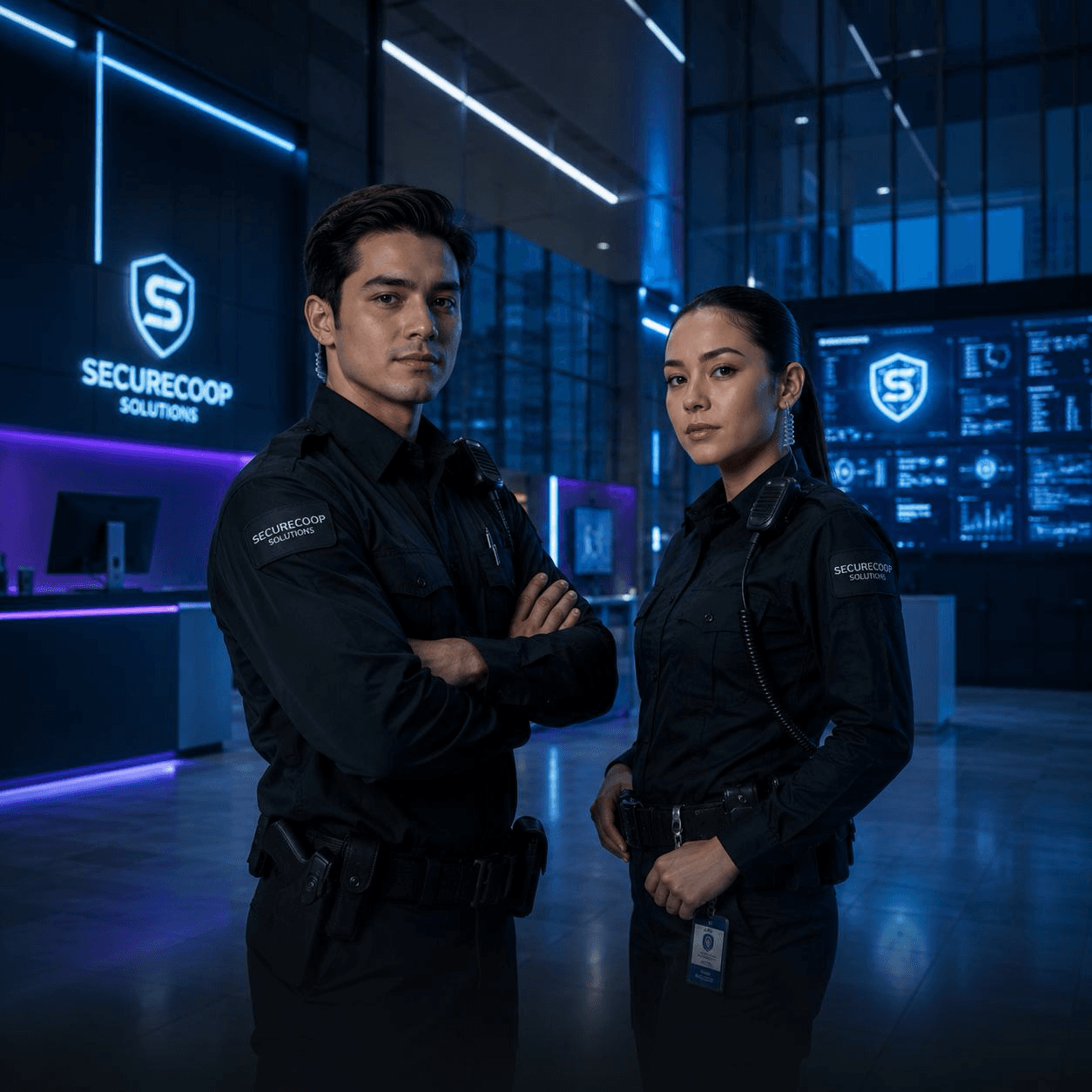 Two security officers in uniform coordinating field operations